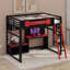 Lit mezzanine en bois pleine grandeur avec bureau et tablettes de rangement, cadre de lit mezzanine bas moderne avec lumières DEL, ports USB et panneau perforé-121605907