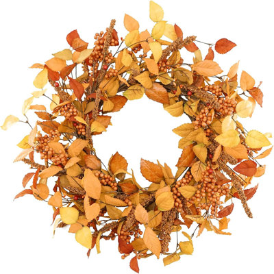 18" Fall Wreaths For Front Door, Artificial Autumn Wreath, Fall Door Wreath With Eucalyptus Leaves And Sorghum For Home Porch Window Wall Farmhouse Decor, Indoor Outdoor, Holiday Decor