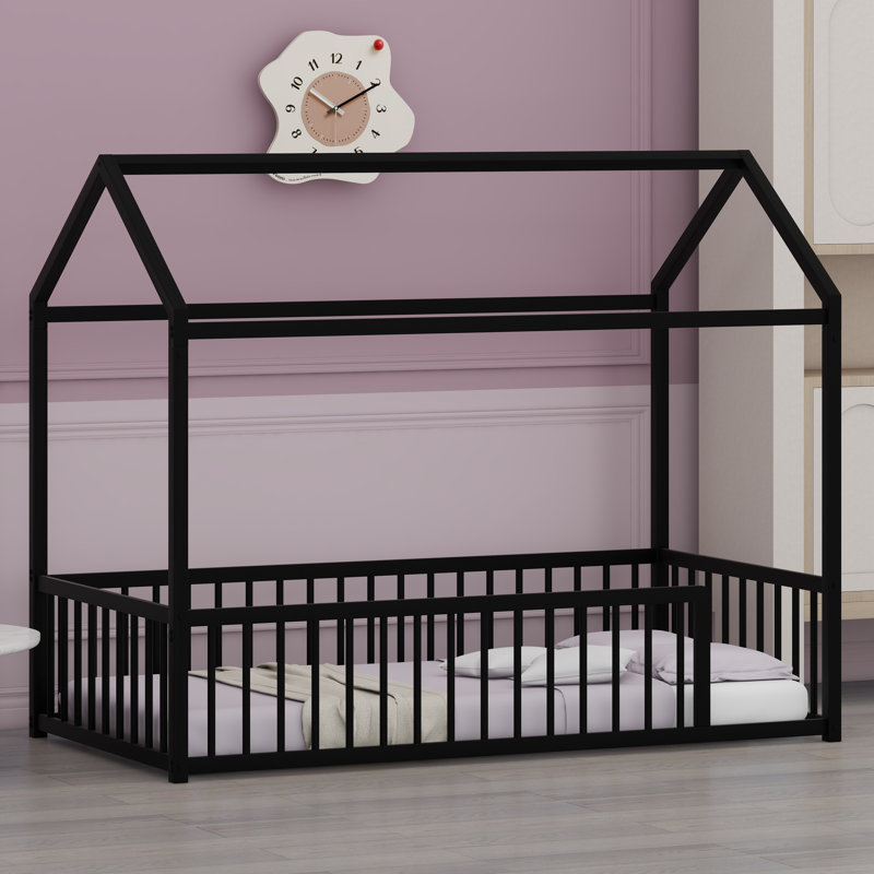 Low-Profile House-Style Floor Bed Designed For Independent Sleepers, Twin, Black