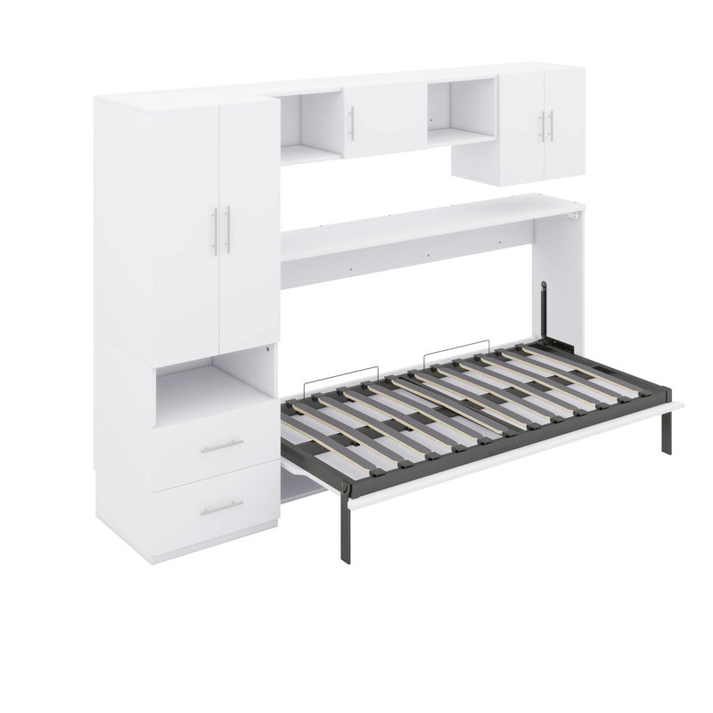 Lit escamotable simple avec tablettes ouvertes, tiroirs et garde-robe et table intégrés