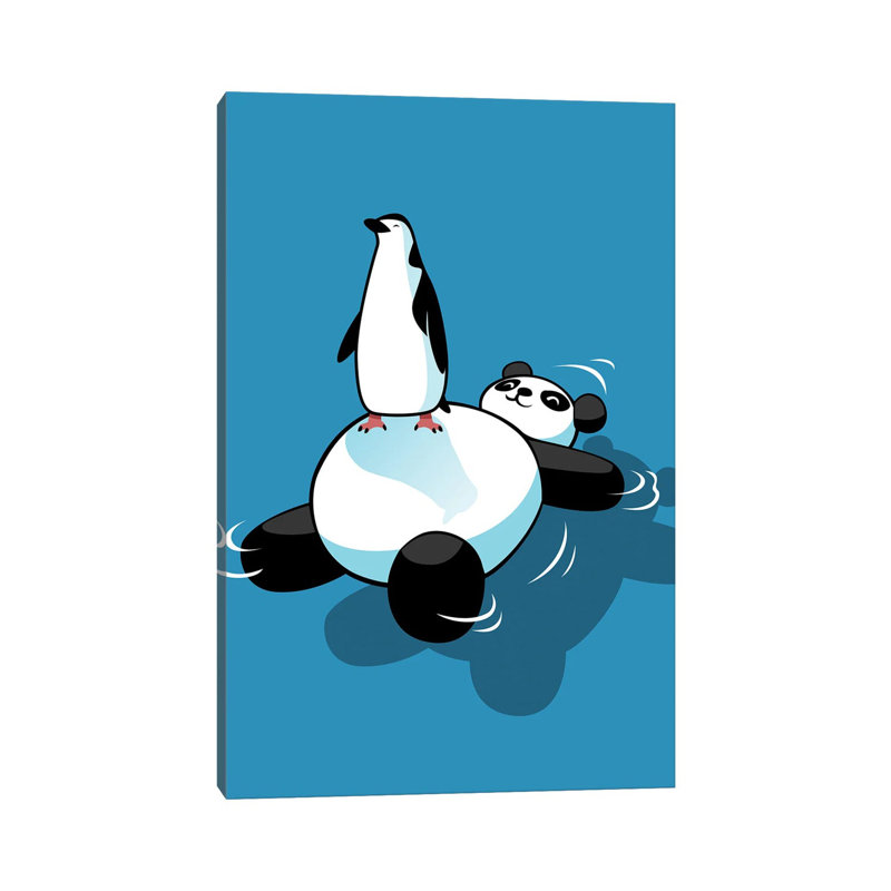 Penguin On Top Of Kawaii Panda Bear by Alberto Perez - Gallery-Wrapped Canvas Giclée on Canvas, 20.32 cm H x 30.48 cm W