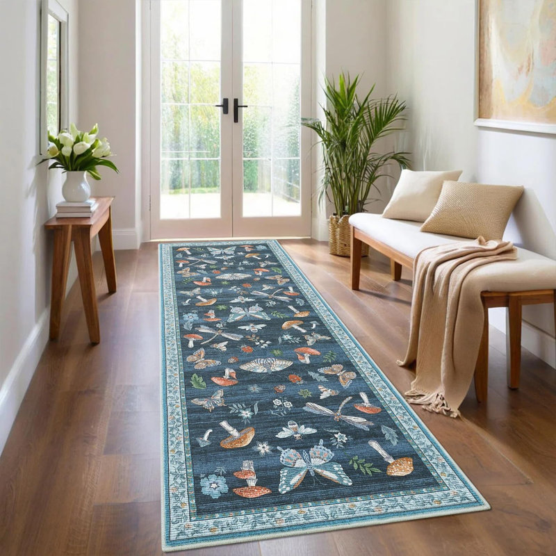 Rectangle Floral Washable Area Rug, Blue, 60*180cm