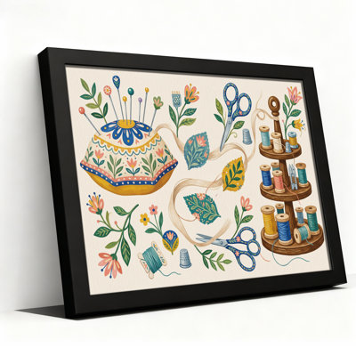 Floral Sewing Tools And Thread Spools Canvas Wall Art