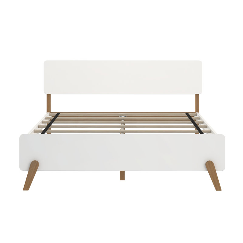 Mid-Century Modern Queen White and Pecan Pine Platform Bed