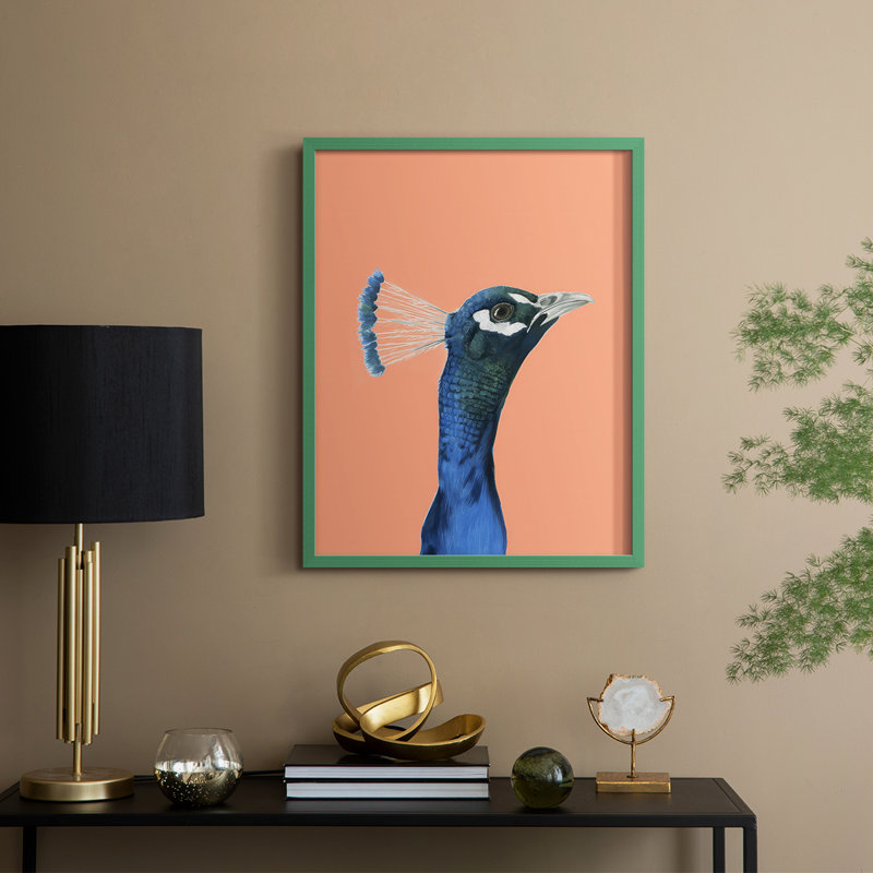 «Peach Peacock Portrait I», reproduction encadrée - bois massif, H 15 po x l 12 po, Vert