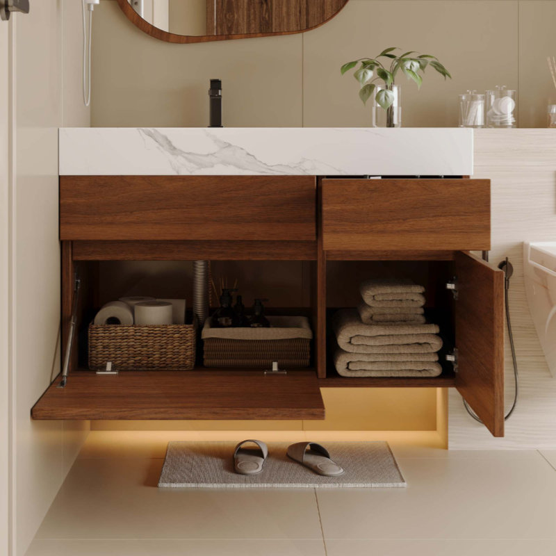 Meuble-lavabo flottant moderne avec plateau en pierre frittée sans soudure et lavabo en céramique