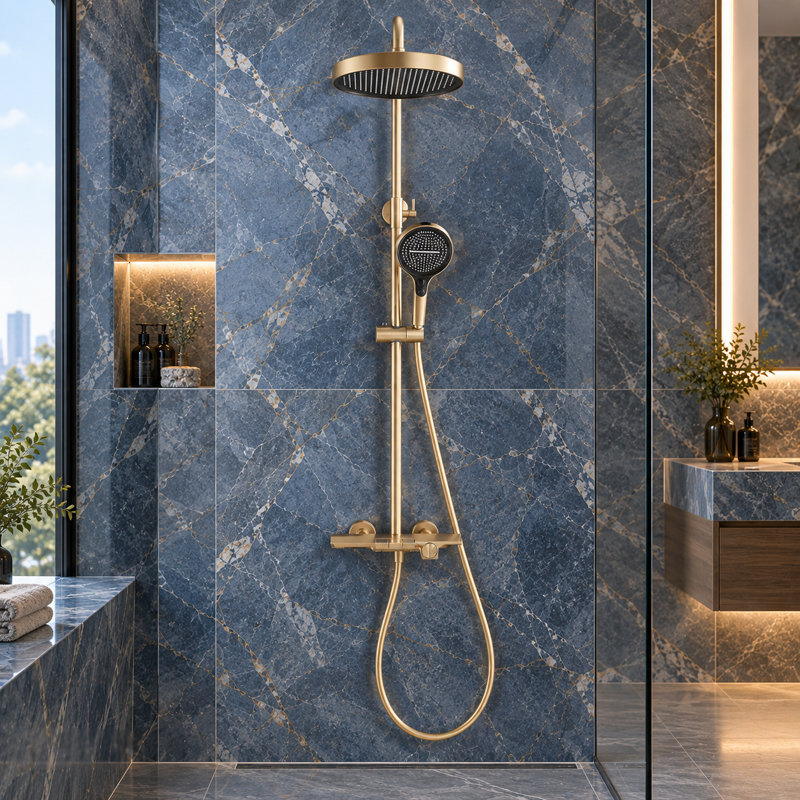 Système de douche à 3 fonctions avec pomme de douche à pluie, douchette et bec de baignoire avec inverseur à bouton-poussoir