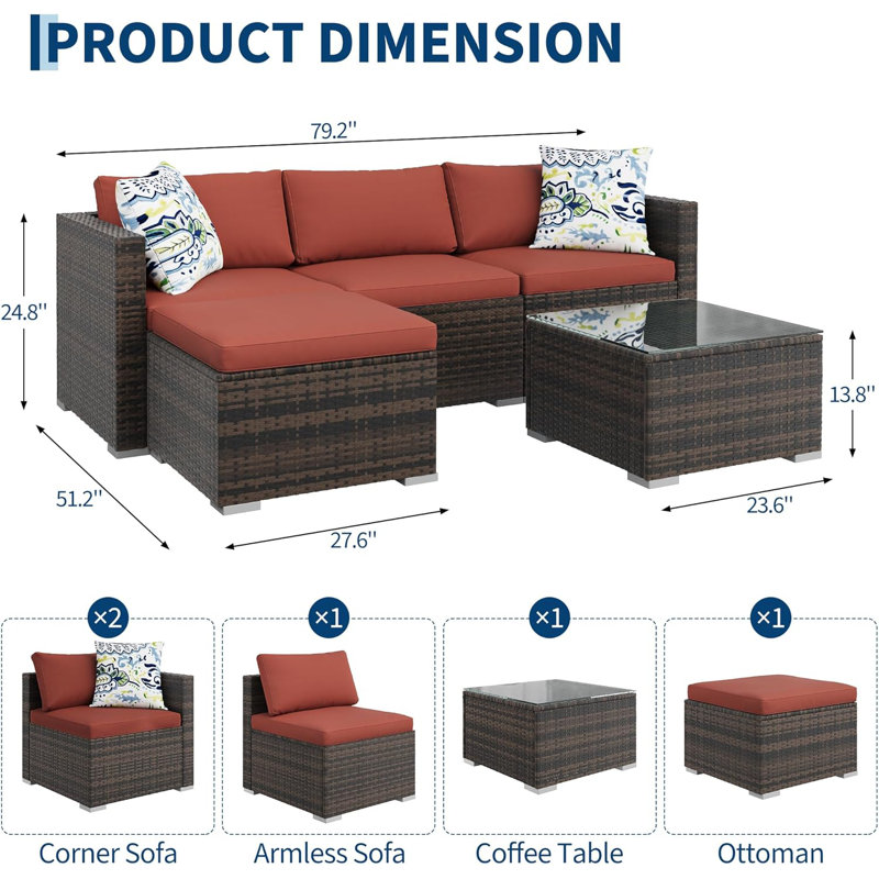 5-Piece PE Rattan Outdoor Sectional with Ottoman & Glass Table, Brown/Wine Red, Brown, Red