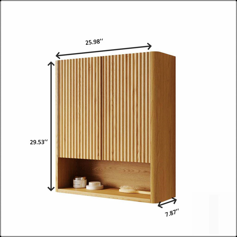 Armoire de salle de bain murale rayée avec portes, tablette et rangement ouvert pour salles de bain, buanderies et cuisines modernes et peu encombrantes.