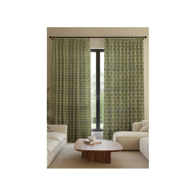 Handmade Curtain Green Floral Pattern Block Print Pinch Pleated Thick Linen Hook Drapes, Window Treatments Home Decorative 100% Blackout Curtains, Shehnaaz