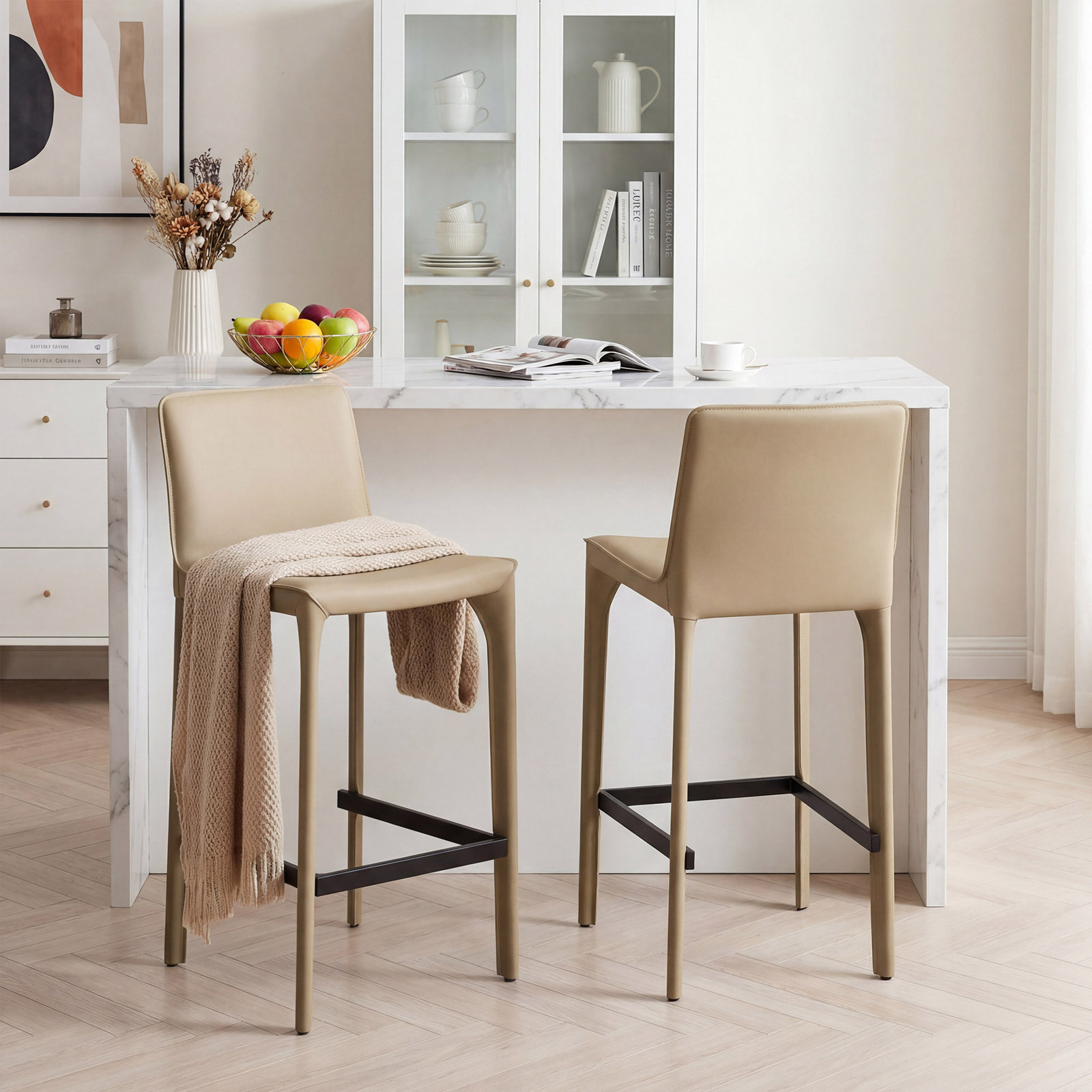 Vannes Vegan Leather Barstool, Khaki, 1