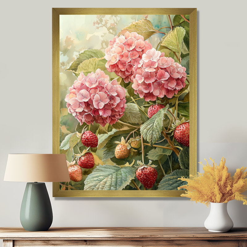 «Hydrangeas In The Strawberry Patch», impressions murales florales, H 44 po x l 34 po, Doré