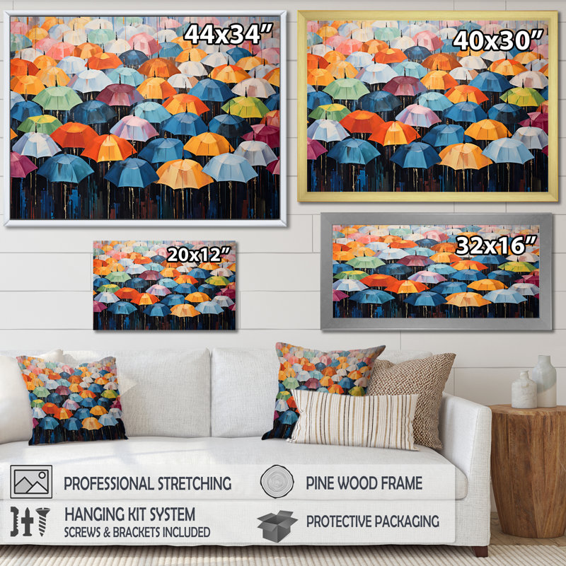 " Rainbow Umbrellas Collage I ", Black Floater Framed, 30" H x 40" W