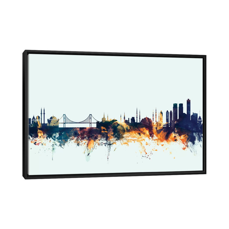 Série d’horizons : istanbul, turquie sur bleu, reproduction d’art sur toile tendue, Toile encadrée noire, Pas de tapis