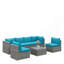 Ensemble de patio 7 pièces en osier toutes saisons avec coussins amovibles et table basse en verre pour patio, bord de piscine et arrière-cour