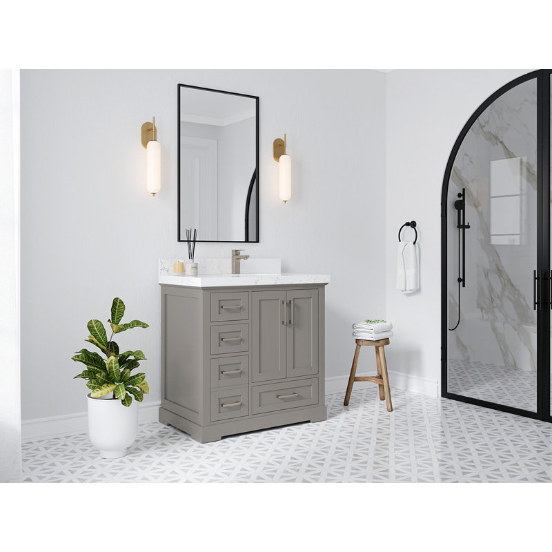 Boston 36 In. W X 22 In. D Right Offset Sink Bathroom Vanity In Elephant Skin Gray With 2 In. Viola Brown Quartz