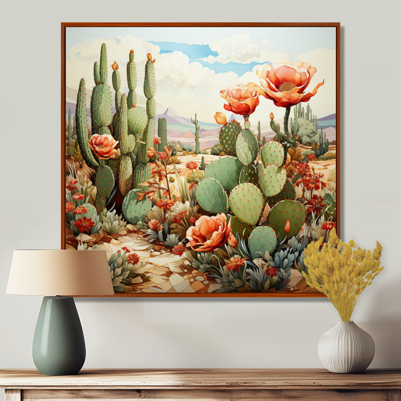 Corail vert cactus désert pointillisme III - art mural de cactus pour le salon, H 24 po x l 24 po x P 1 po