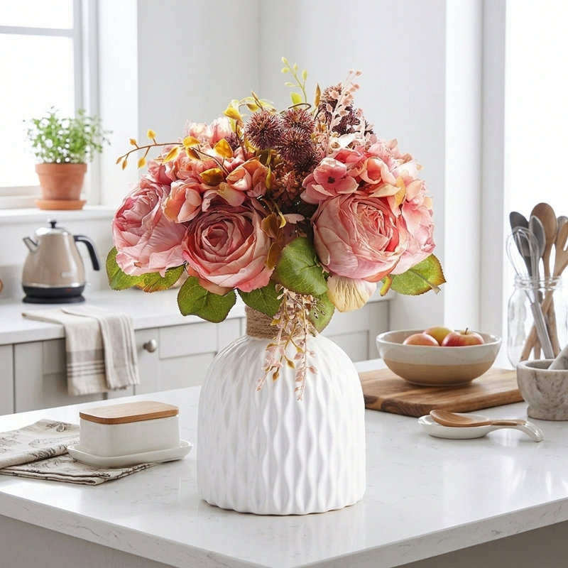Faux fleurs dans un vase, fleurs en soie artificielle dans un vase en céramique, Rose