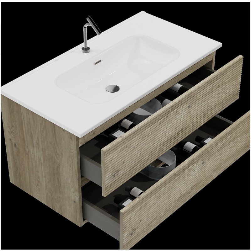 Meuble-lavabo mural en chêne brut et chêne brut 36 po avec évier intégré en céramique avec trop-plein Gloria, 36", Chêne
