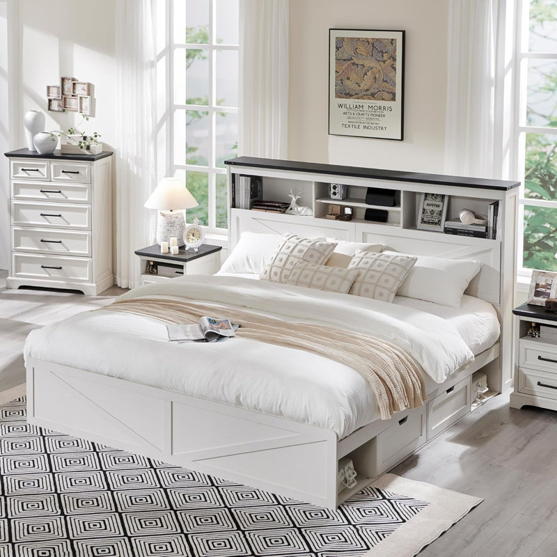 Etsuyo Farmhouse King Bed Frame with Headboard and Power Outlets,  Wood Platform Bed with Storage, 4 Drawers ,Led Light, No Box Spring Needed