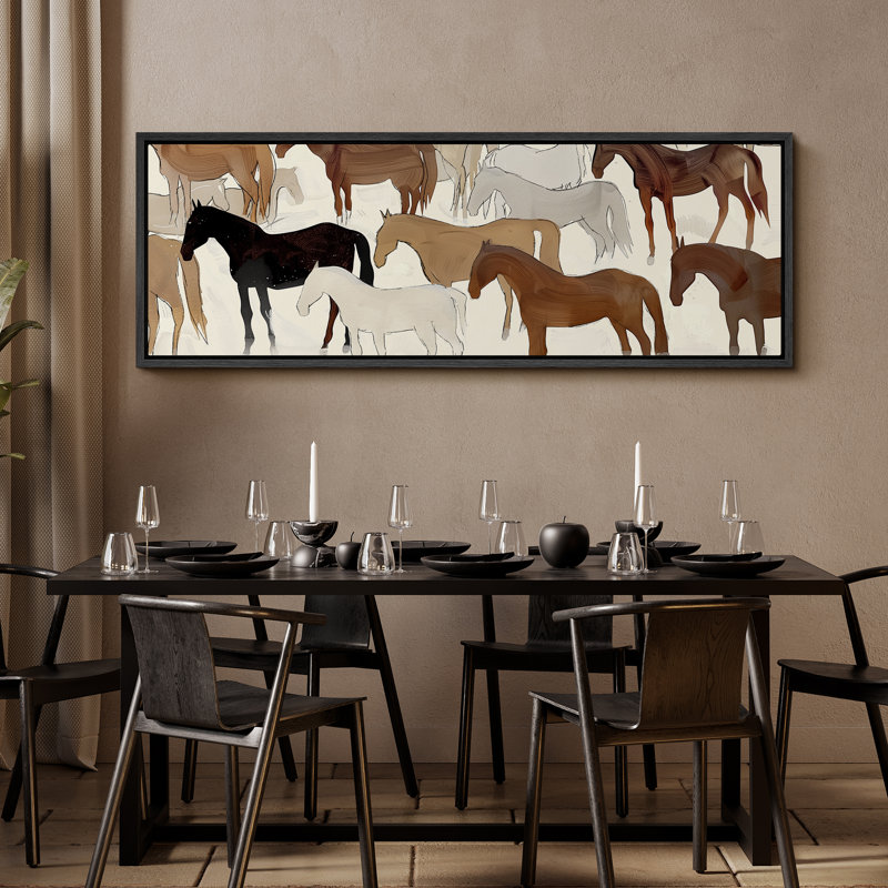 Illustration abstraite de chevaux dans des tons neutres, art moderne, H 20 po x l 60 po, Noir, noir, noir, noir