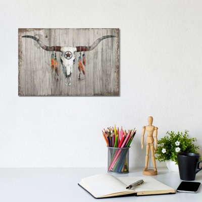 Longhorn On Dark Grey Wood by Avery Tillmon - Wrapped Canvas Painting