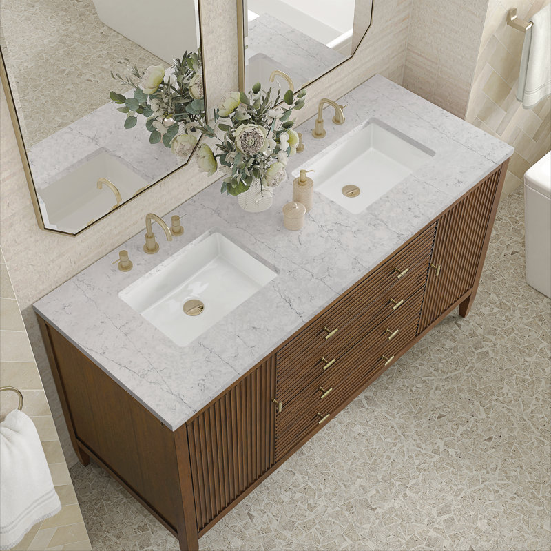 Myrrin 60 in. Double Vanity, Mid-Century Walnut, Eternal Jasmine Pearl, 8" Widespread