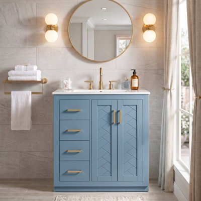 Ensemble de meuble-lavabo 30 po avec lavabo en céramique, armoire de rangement en bois massif, ensemble de meuble-lavabo autoportant avec 3 tiroirs et portes à fermeture douce