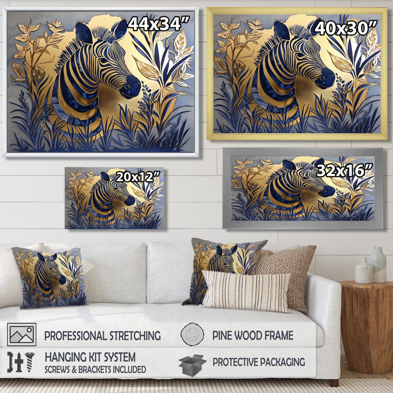 «Golden Aqua Zebra Portrait I», reproduction sur toile zébrée, H 12 po x l 20 po, Noir