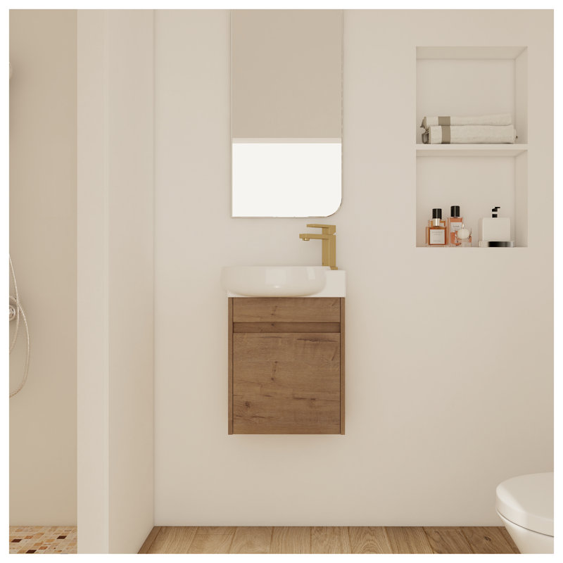 Petit meuble-lavabo de salle de bain 16 pouces avec lavabo - Armoire murale moderne avec portes à fermeture en douceur, finition imitation chêne