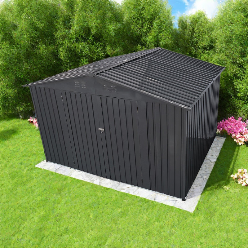Remise de rangement extérieure en métal avec évents pour terrasse de jardin, gris, H 6,34 pi x l 12 pi x P 8 pi