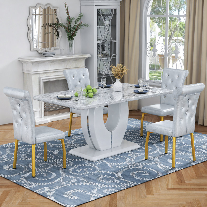 63'' Faux Marble Dining Table Set With PU Leather Chairs And Spring-Wrapped Soft Pad, White/Silver, White