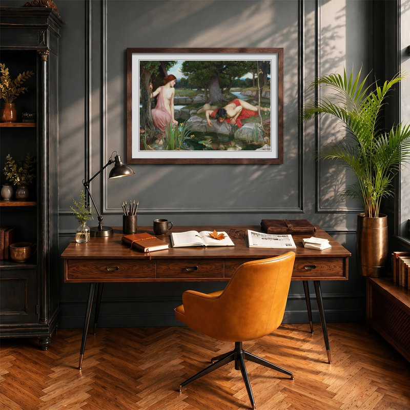 Echo and Narcissus by John William Waterhouse - Framed Print, Walnut Framed, 27cm H x 36cm W x 2cm D