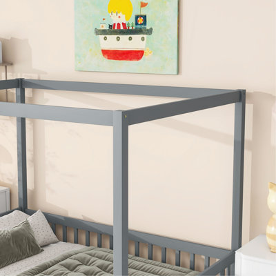 Full Size Canopy Frame Rubber Wood Floor Bed With Fence,Guardrails,Grey