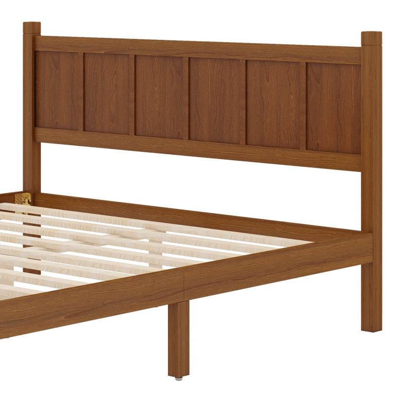 Lit à panneau plat avec tête et pied de lit, lit plateforme avec finition grain de bois, style shaker et style campagnard