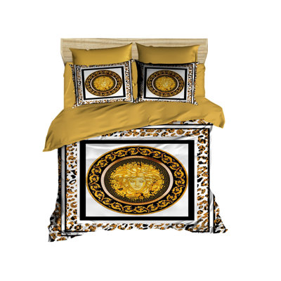 Luxury Super King Quilt Cover Set, Black & Gold | 100% Polyester Microsatin & Cotton, Duvet 102.4 x 86.6 in, 2 Pillowcases 19.7 x 31.5 in | 3D Printed, Zipper Closure, Machine Washable, Elegant Design for Cozy Bedrooms