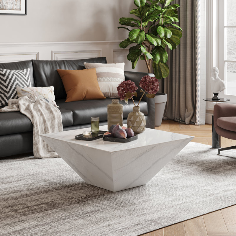 Dainera Modern Drum Coffee Table, Trapezoid Faux Marble Coffee Table, Fully-Assembled, White, 13.77" H x 31.5" L x 31.5" D