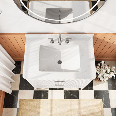 Ensemble de meuble-lavabo autoportant blanc 36 po avec 2 ensembles de poignées et plateau en marbre d'ingénierie entièrement assemblé