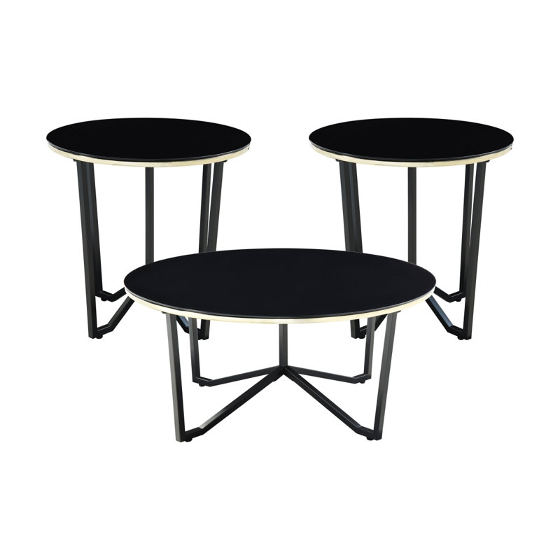 Table basse ronde et tables de bout, ensemble de 3 pièces, plateau en verre trempé noir, cadre en métal, meubles de salon modernes