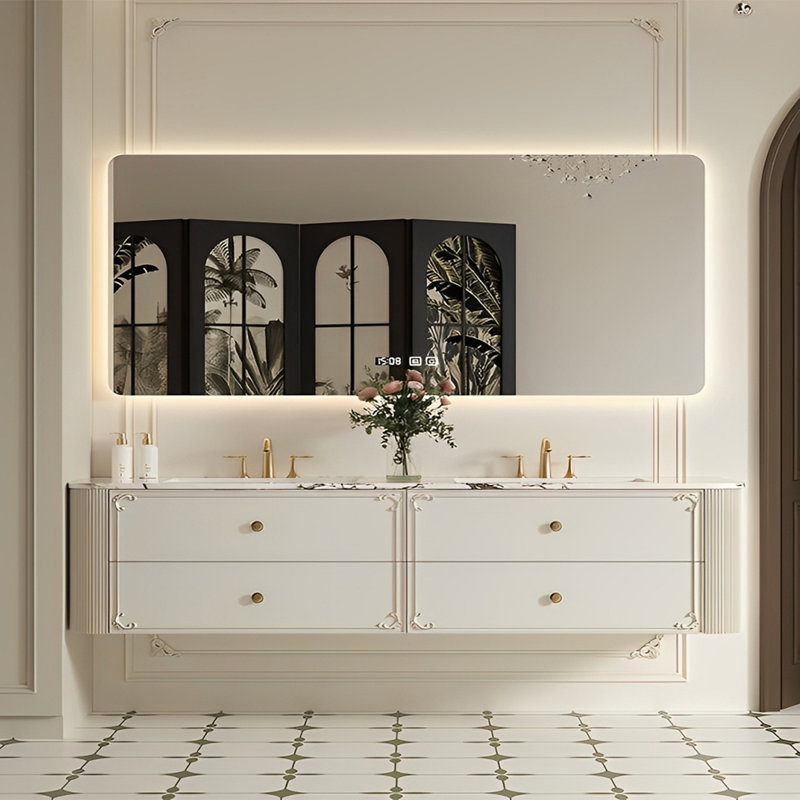 Armoire de salle de bain à double cuve de style rétro, H 21,65 po x l 70,87 po x P 21,65 po, Blanc cassé / blanc