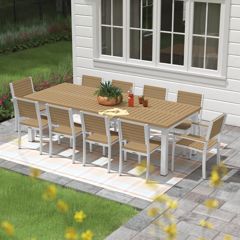 Travira 10 - Person Patio Dining Set with Rectangular Table, Teakwood Natural