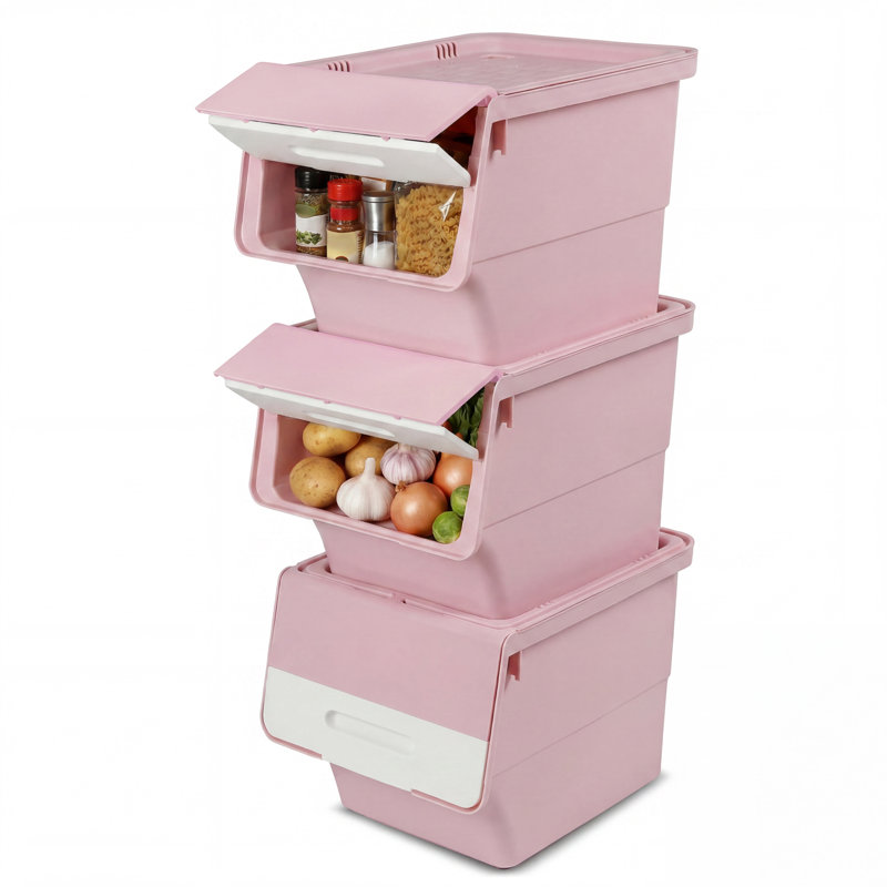 Ensemble de 3 bacs de rangement à roulettes avec couvercles, empilables et emboîtables, en plastique blanc et rose., 1