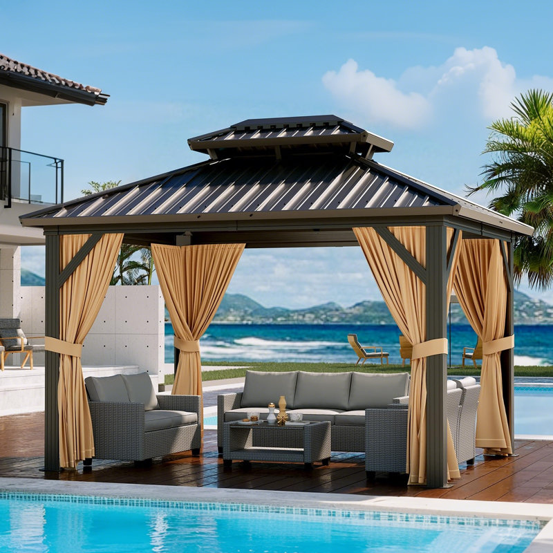 Pavillon de jardin d'extérieur à toit rigide, toit à double évent en fer galvanisé avec rideaux et filet, pavillon en aluminium pour patio, pelouse, terrasse, jardin