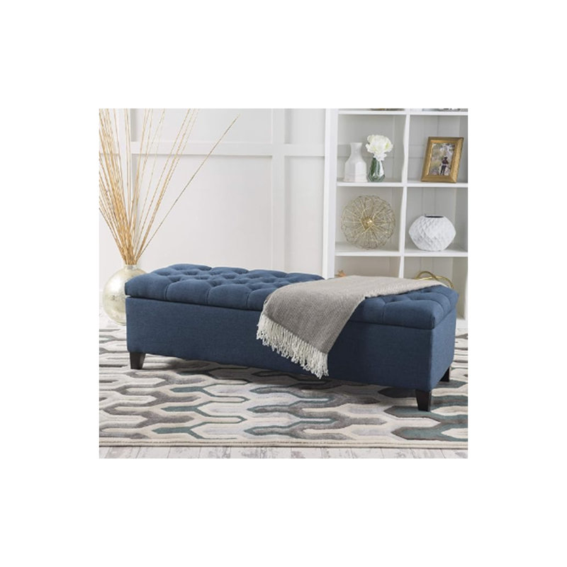 Banc rembourré avec pieds en bois d'hévéa Boucle, Lin bleu marine