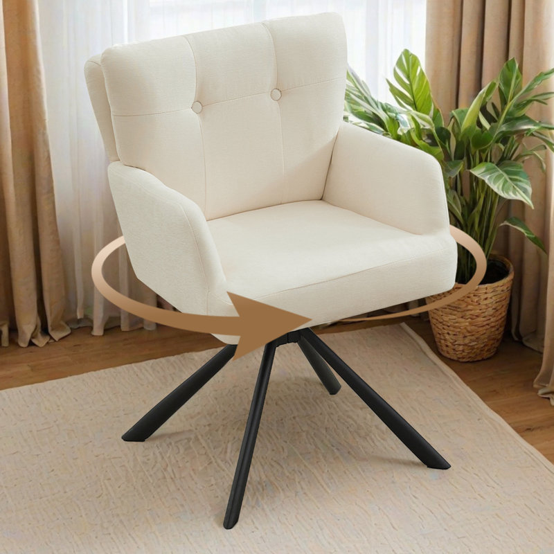 Modern Upholstered Swivel Armchairs with Tufted Back, Metal Legs, White Chenille