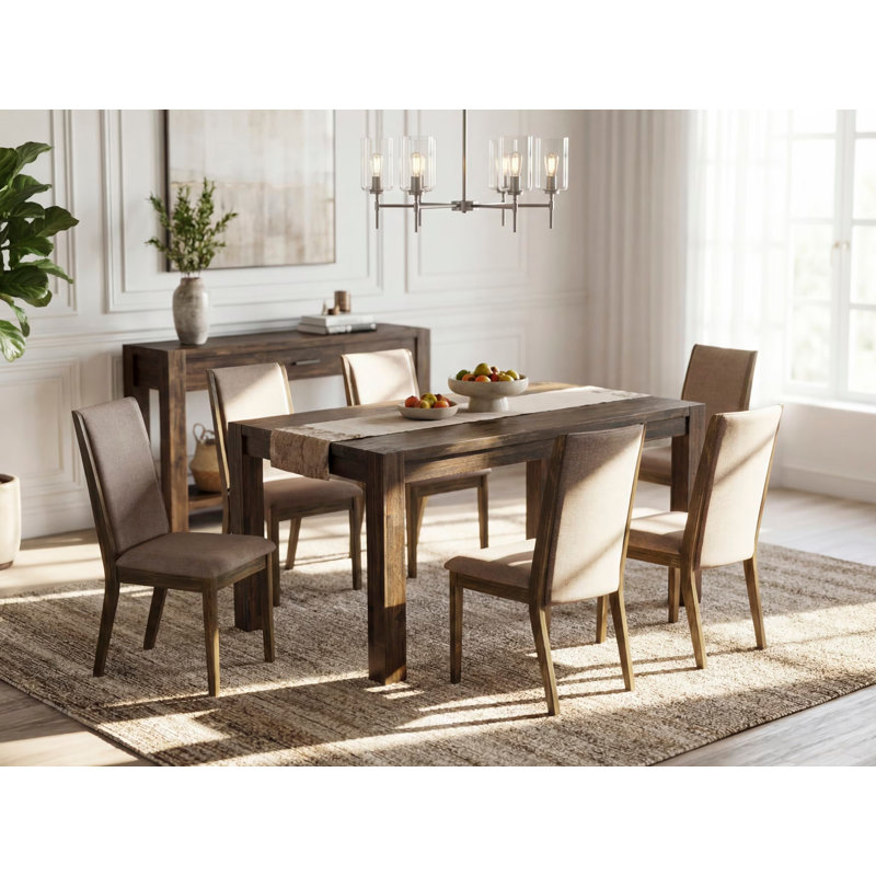Ensemble de meubles de salle à manger 7 pièces comprenant une table de salle à manger rectangulaire en bois rustique et 6 chaises Parsons en tissu kaki foncé