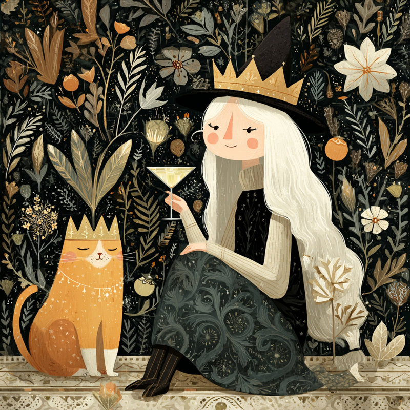 «Witch and Cat in Floral Garden», art mural sur toile tendue, 1, H 20 po x l 20 po
