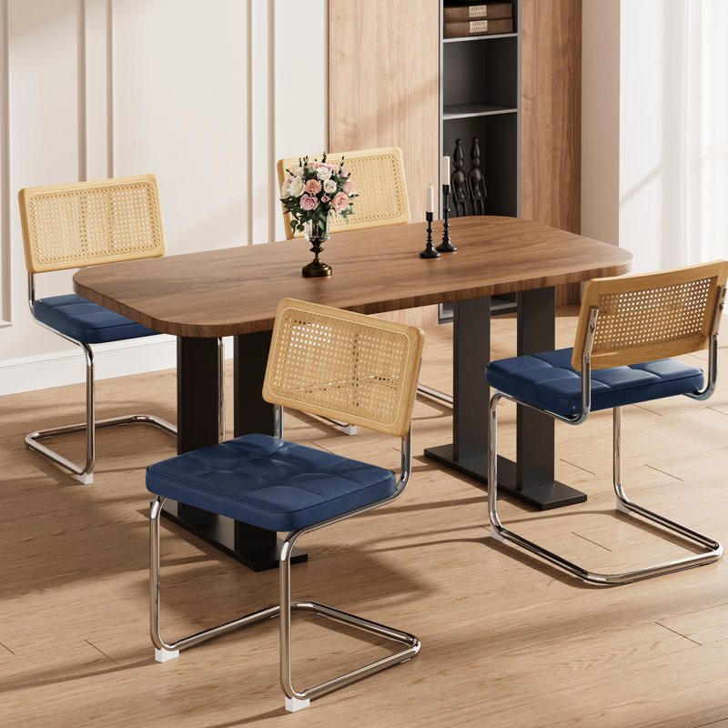 Chaises de salle à manger d'inspiration Mid-Century bleues avec dossier en bois massif, cuir naturel et simili, chaises empilables en cuir, de 2 pour le décor de la cuisine