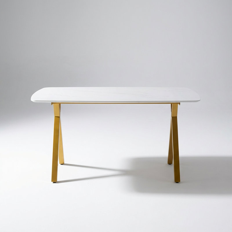 Rectangular Dining Table with Marble-Patterned Tempered Glass Top and Metal Legs