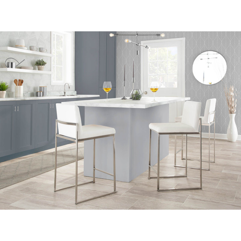 Tabouret de bar et de comptoir à dossier haut Brieon (ensemble de 3), Velours blanc / acier inoxydable